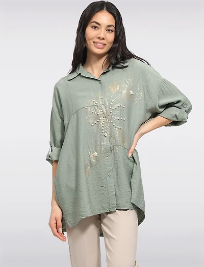 Chemise Ample à Boutons Imprimé Floral Métallisé  Perles par Froccella
