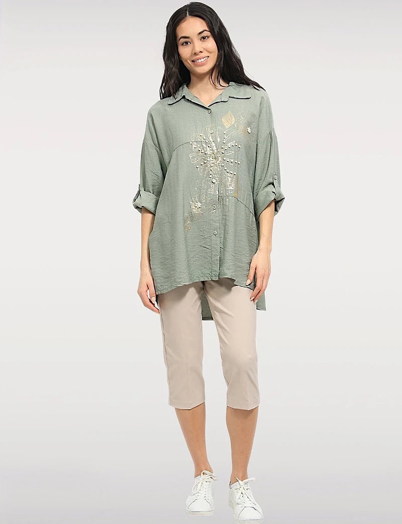 Chemise Ample à Boutons Imprimé Floral Métallisé  Perles par Froccella