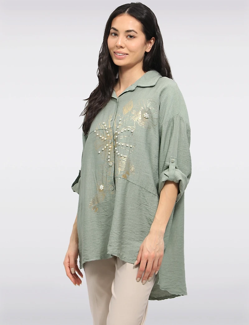 Chemise Ample à Boutons Imprimé Floral Métallisé  Perles par Froccella
