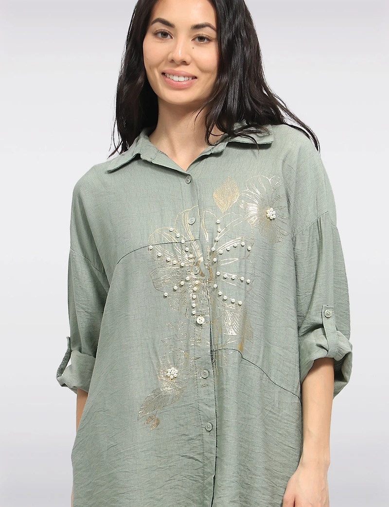 Chemise Ample à Boutons Imprimé Floral Métallisé  Perles par Froccella
