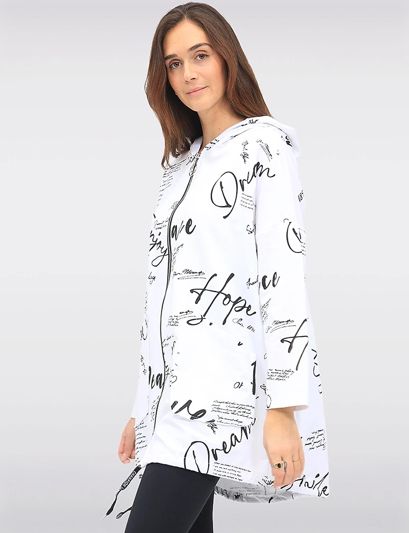 Pull Zippé Imprimé Graphique Cordon de Serrage à Capuche et Ourlet par Froccella