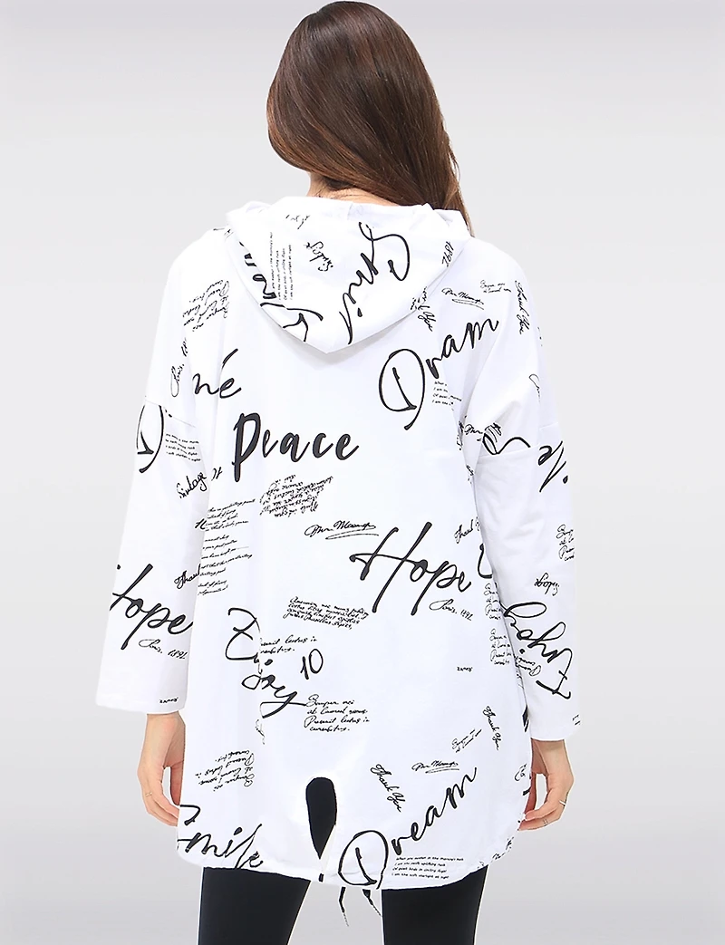 Pull Zippé Imprimé Graphique Cordon de Serrage à Capuche et Ourlet par Froccella