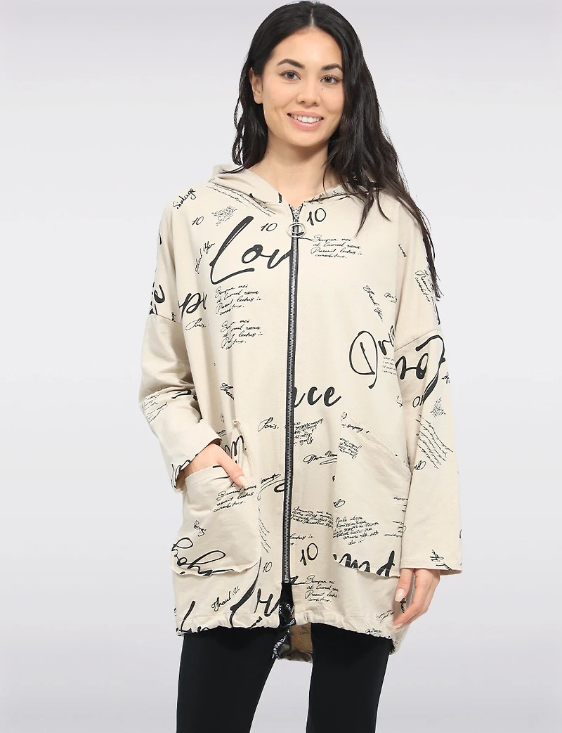 Pull Zippé Imprimé Graphique Cordon De Serrage À Capuche & Ourlet Par Froccella