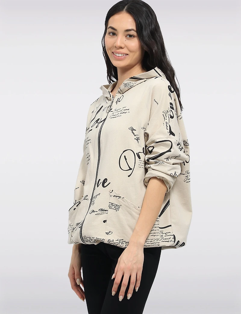 Pull Zippé Imprimé Graphique Cordon De Serrage À Capuche & Ourlet Par Froccella