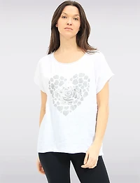 Haut À Manches Courtes en Lin-coton Motif Cœur & Fleur Métallisée Par Froccella
