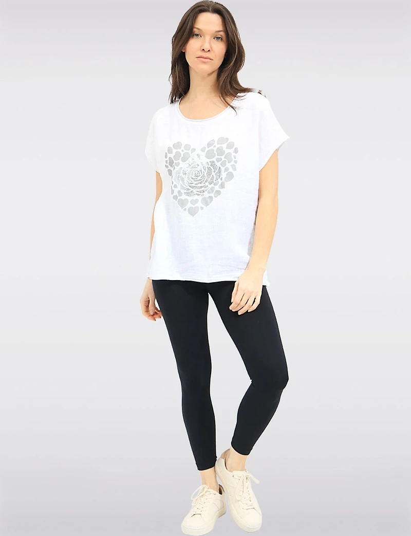 Haut À Manches Courtes en Lin-coton Motif Cœur & Fleur Métallisée Par Froccella