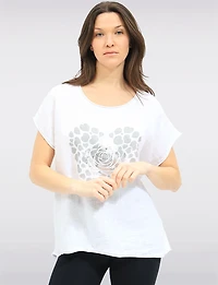 Haut À Manches Courtes en Lin-coton Motif Cœur & Fleur Métallisée Par Froccella
