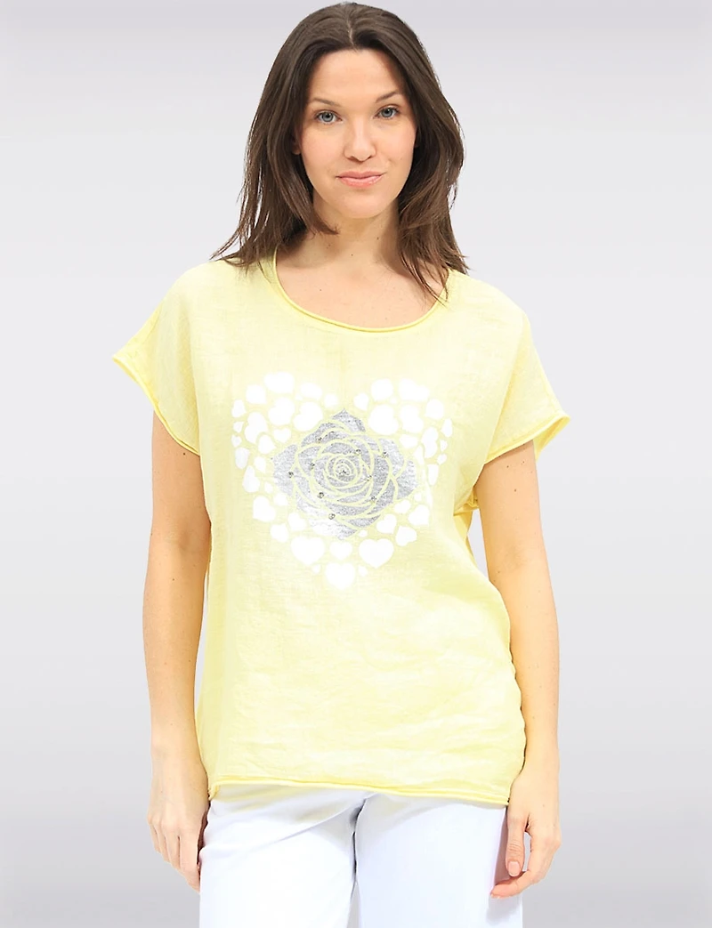 Haut à Manches Courtes en Lin-Coton Motif Cœur et Fleur Métallisée par Froccella