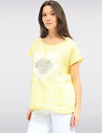 Haut à Manches Courtes en Lin-Coton Motif Cœur et Fleur Métallisée par Froccella