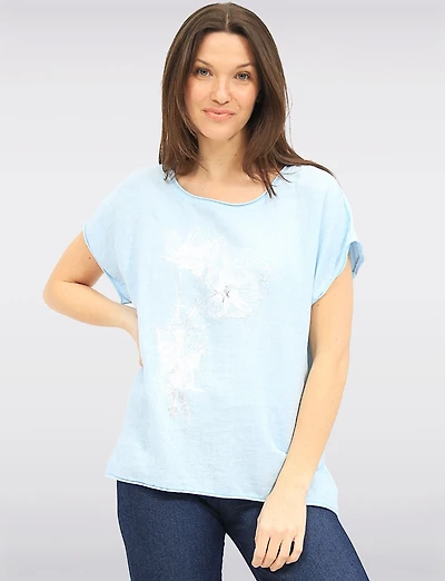 Haut en Lin à Manches Courtes Avec Motif Floral Métallisé & Strass par Froccella