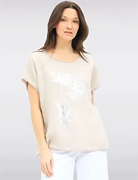 Haut en Lin à Manches Courtes Avec Motif Floral Métallisé & Strass par Froccella