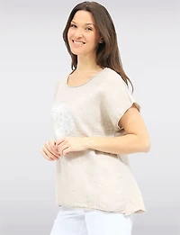 Haut en Lin à Manches Courtes Avec Motif Floral Métallisé & Strass par Froccella