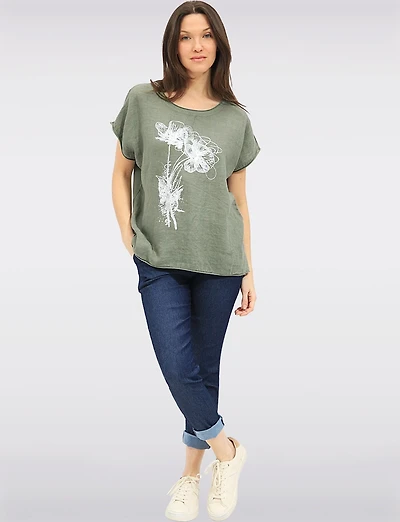 Haut en Lin à Manches Courtes Avec Motif Floral Métallisé & Strass par Froccella