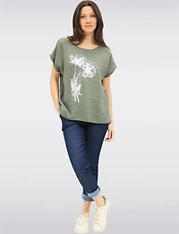 Haut en Lin à Manches Courtes Avec Motif Floral Métallisé & Strass par Froccella