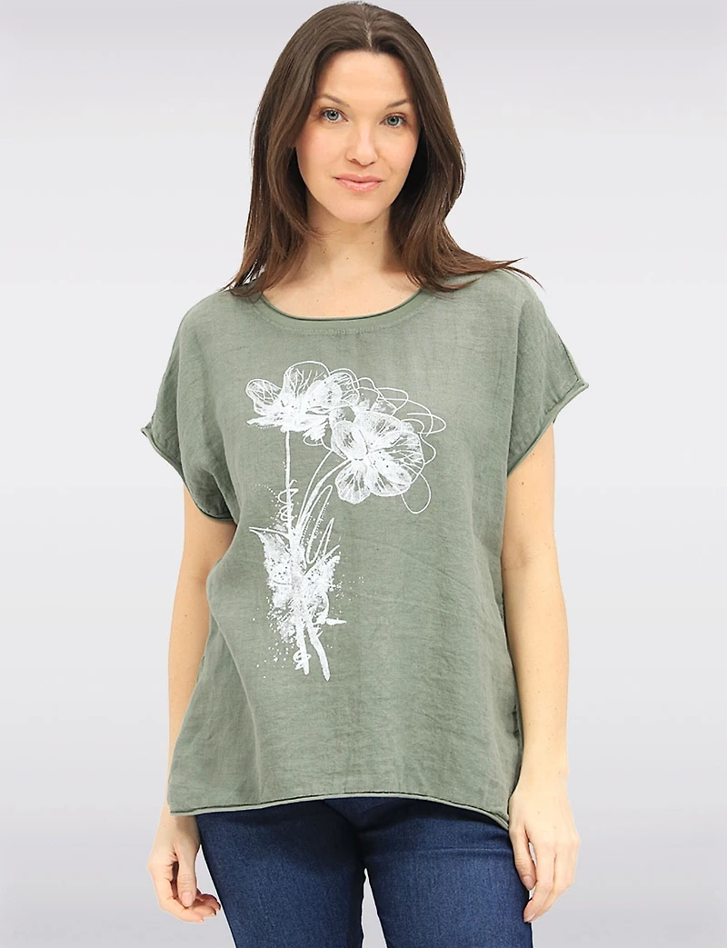 Haut en Lin à Manches Courtes Avec Motif Floral Métallisé & Strass par Froccella