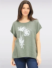 Haut en Lin à Manches Courtes Avec Motif Floral Métallisé & Strass par Froccella