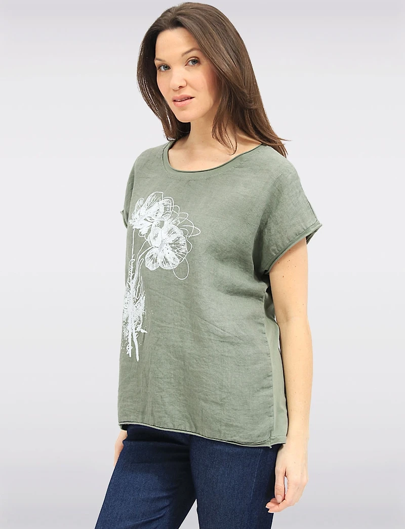 Haut en Lin à Manches Courtes Avec Motif Floral Métallisé & Strass par Froccella