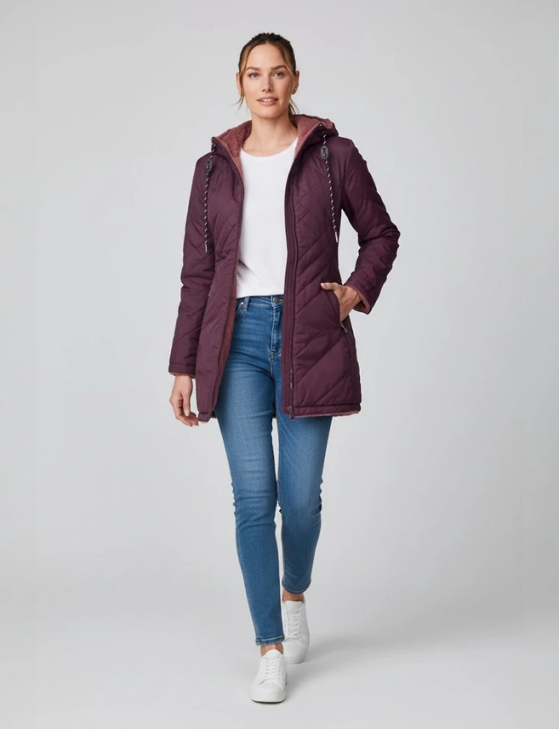 Manteau Matelassé Réversible avec Capuche en Fausse Fourrure par Free Country