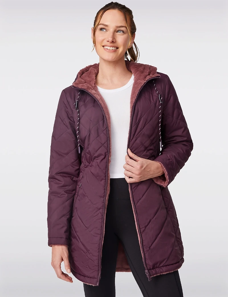 Manteau Matelassé Réversible avec Capuche en Fausse Fourrure par Free Country