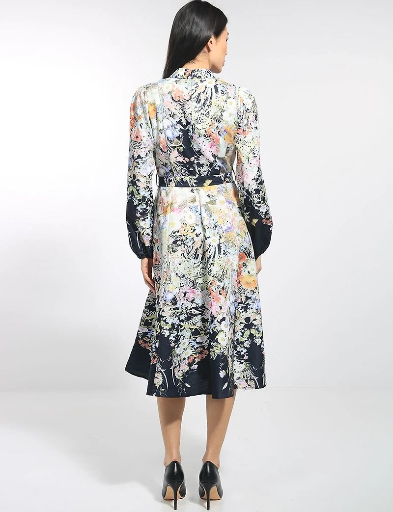 Robe Mi-longue À Manches Longues Col Officier Ceinture Floral Par Stella Morgan