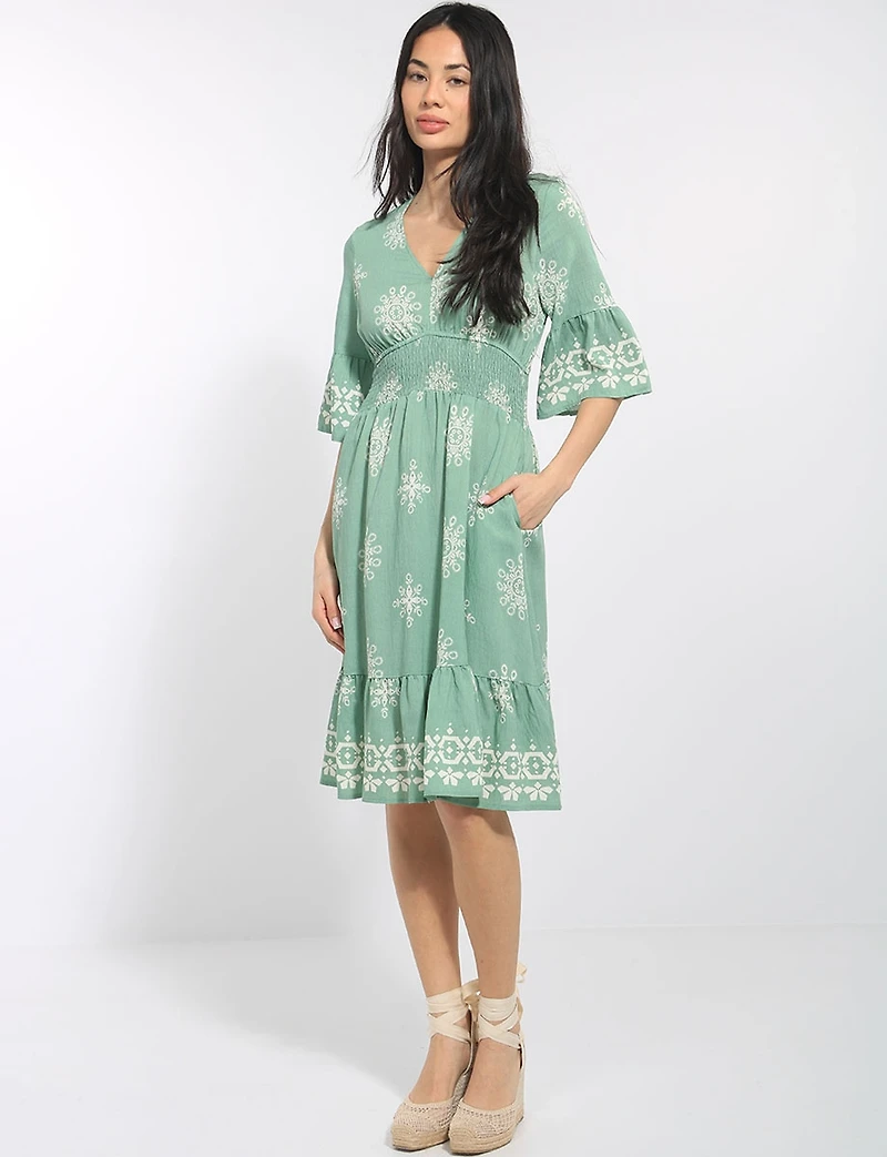 Robe Évasée Mi-longue À Volants Aux Manches Courtes & L'ourlet Par Stella Morgan