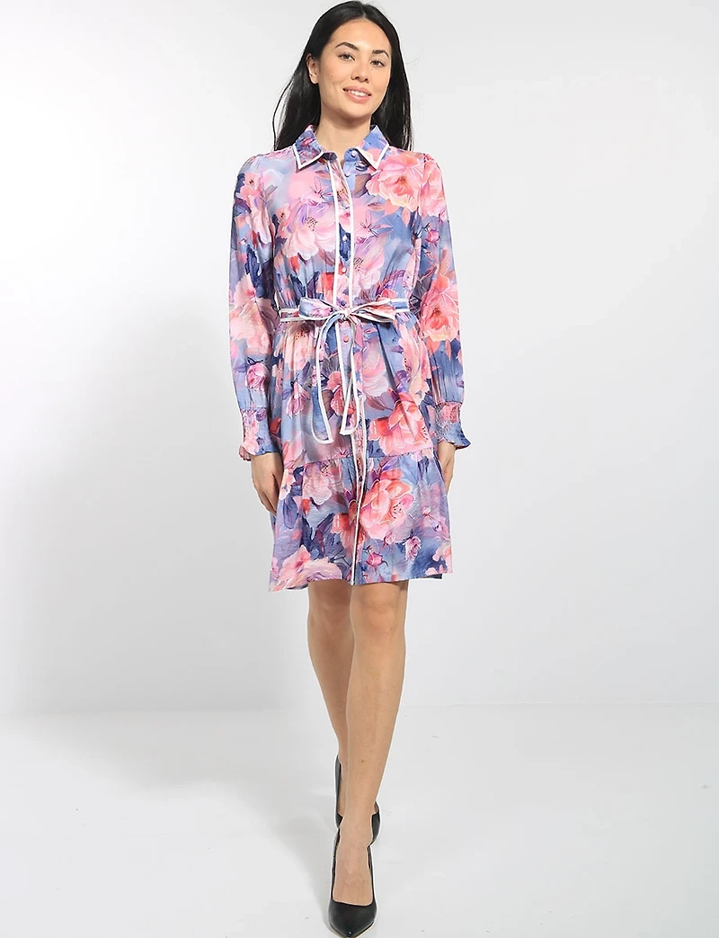Robe Floral Col Chemise Boutonnée Ceinturée À Manches Longues Par Stella Morgan