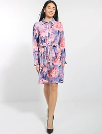 Robe Floral Col Chemise Boutonnée Ceinturée À Manches Longues Par Stella Morgan