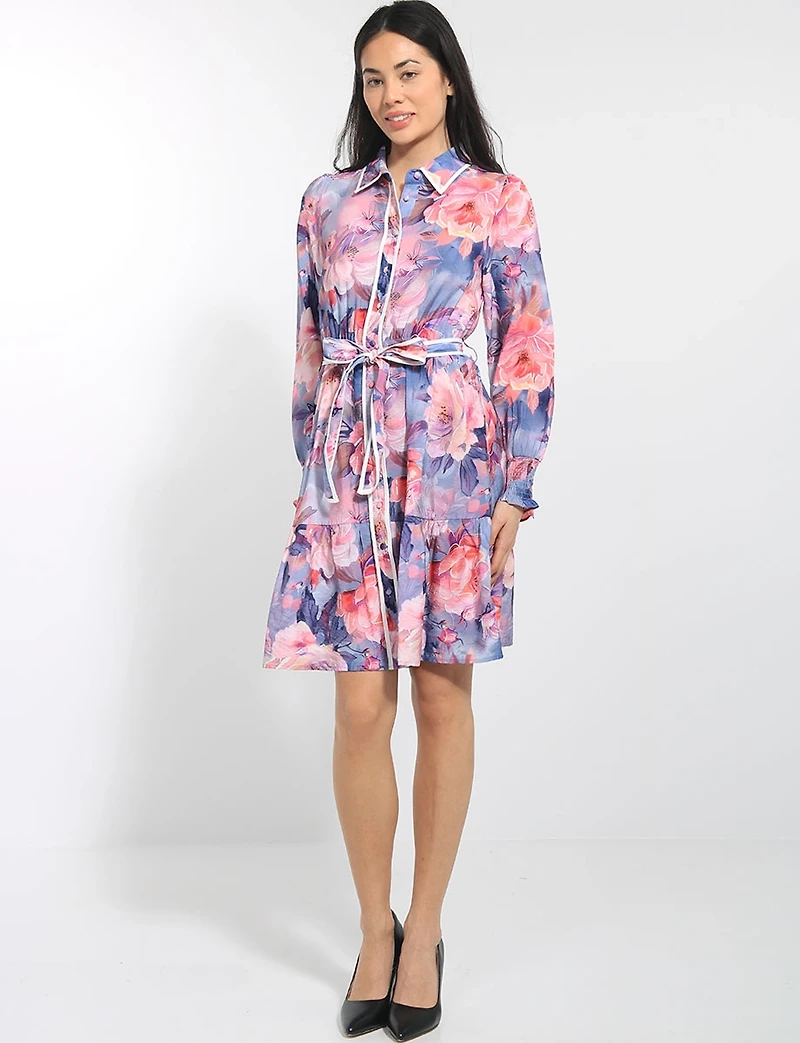 Robe Floral Col Chemise Boutonnée Ceinturée À Manches Longues Par Stella Morgan