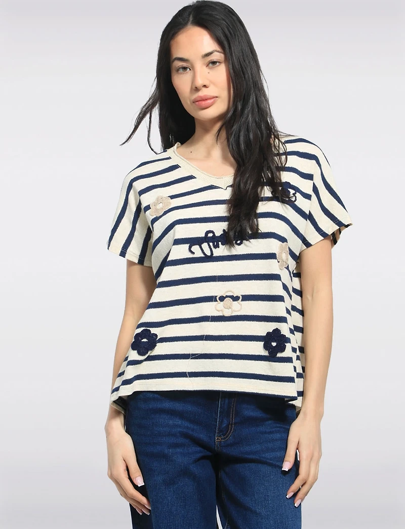 Haut Décontracté En Mélange De Coton Rayé Avec Col V & Appliqués Par Froccella