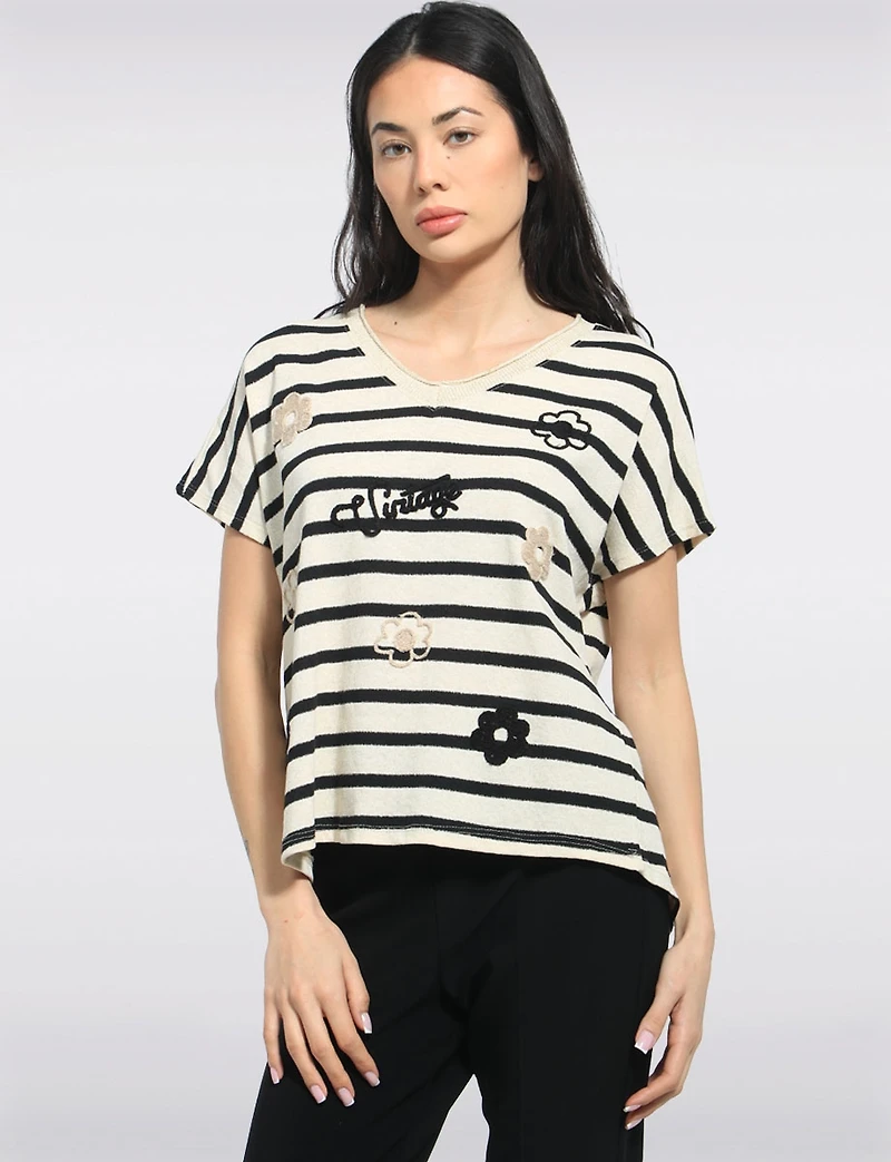 Haut Décontracté En Mélange De Coton Rayé Avec Col V & Appliqués Par Froccella
