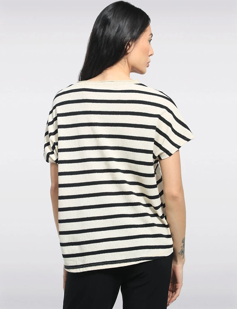 Haut Décontracté En Mélange De Coton Rayé Avec Col V & Appliqués Par Froccella