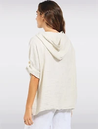 Veste Chemise Lin Capuchon Boutons Effet Bois Boutonnée Poches Par Froccella