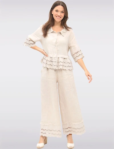 Pantalon Large en Lin avec Bordures Broderie Anglaise et Poches par Froccella