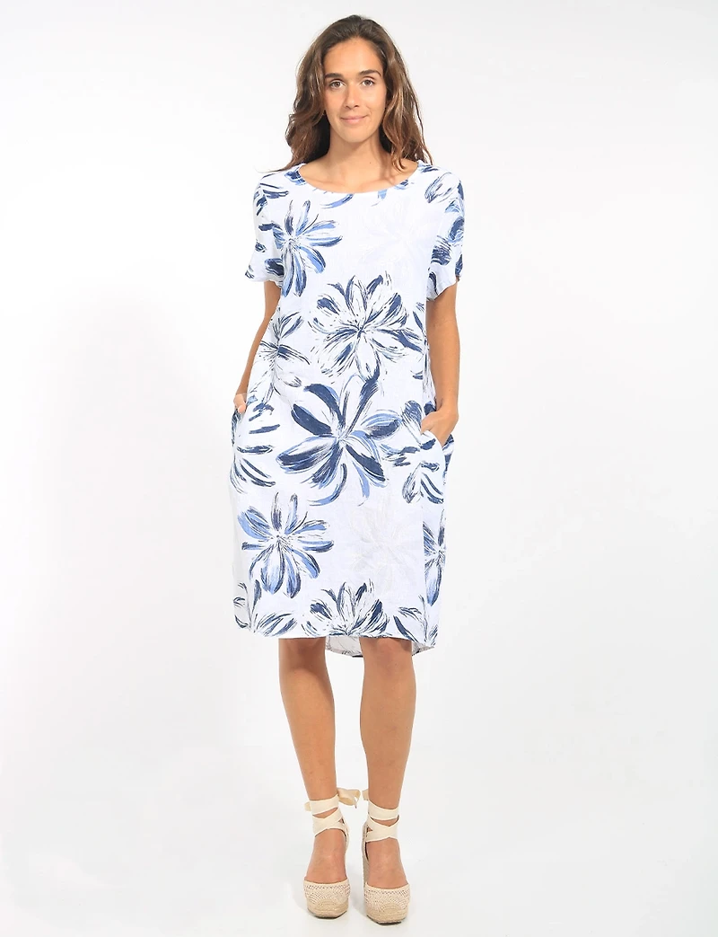 Robe Lin Florale Manches Courtes Col Rond Poche Coupe Droite par Froccella
