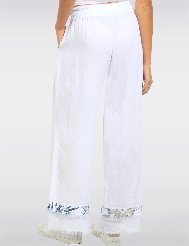 Pantalon Lin Blanc Jambe Large Ourlet Effiloché Accent Floral Par Froccella