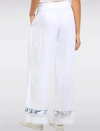 Pantalon Lin Blanc Jambe Large Ourlet Effiloché Accent Floral Par Froccella