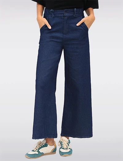 Pantalon Ample en Denim Coton Extensible à Jambes Larges et Poches par Froccella
