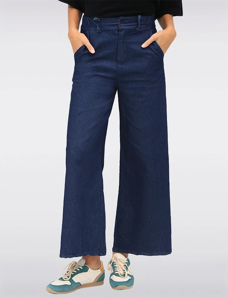 Pantalon Ample en Denim Coton Extensible à Jambes Larges et Poches par Froccella