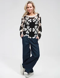 Pantalon Ample en Denim Coton Extensible à Jambes Larges et Poches par Froccella