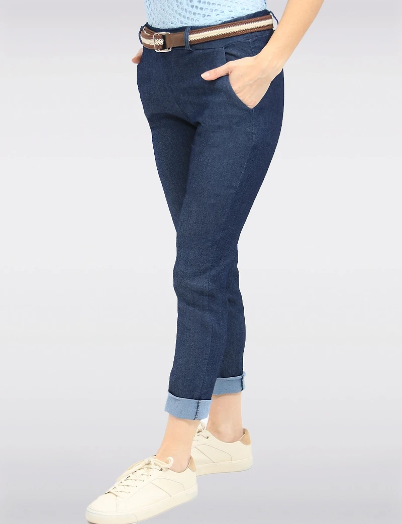 Pantalon Denim Ajusté en Coton Extensible avec Ceinture Amovible par Froccella