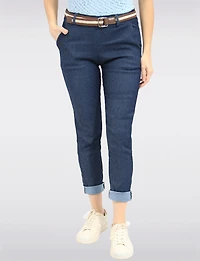 Pantalon Denim Ajusté en Coton Extensible avec Ceinture Amovible par Froccella