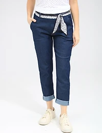 Pantalon Denim Ajusté en Coton Extensible avec Ceinture Amovible par Froccella