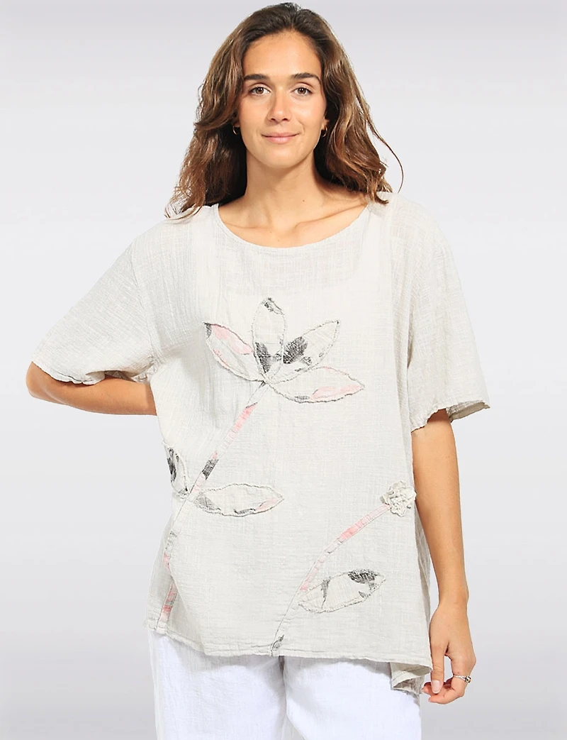 Tunique en Coton Élégante à Manches Courtes Avec Appliqués Floral par Froccella