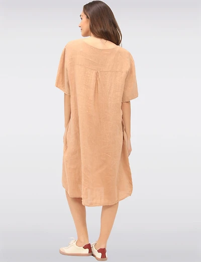Robe Ample en Lin à Manches Courtes Boutons Décoratives et Poches par Froccella