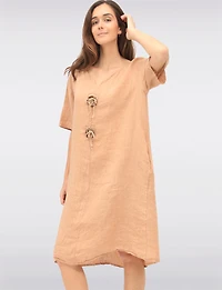 Robe Ample en Lin à Manches Courtes Boutons Décoratives et Poches par Froccella