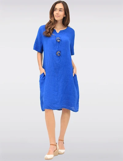 Robe Ample en Lin à Manches Courtes Boutons Décoratives et Poches par Froccella