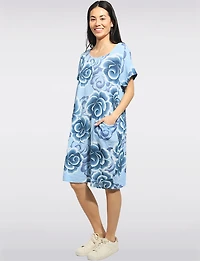 Robe Coton Longueur Genou Imprimé Roses Artistique Poches Plaquées par Froccella