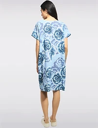Robe Coton Longueur Genou Imprimé Roses Artistique Poches Plaquées par Froccella