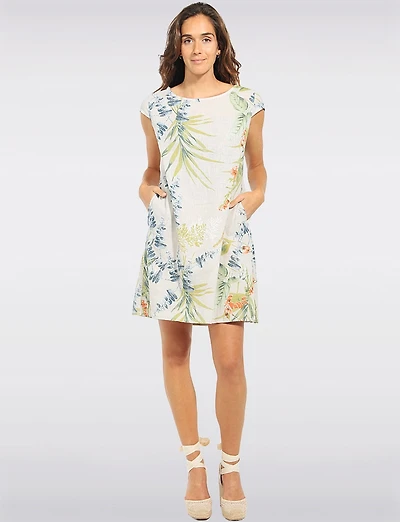 Robe en Mélange Lin à Imprimé Floral Manches Courtes Avec Poches par Froccella