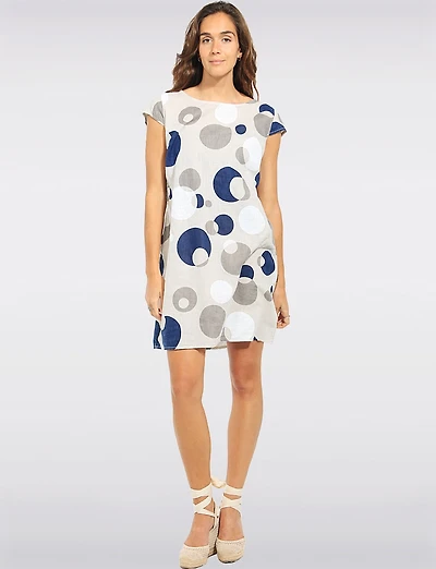 Robe en Lin à Pois avec Manches Courtes Détail Tricot et Poches par Froccella